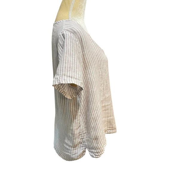 Christian Siriano 100% Linen Tan Striped Short Sleeve Boxy Top Blouse Size Large - Picture 3 of 8